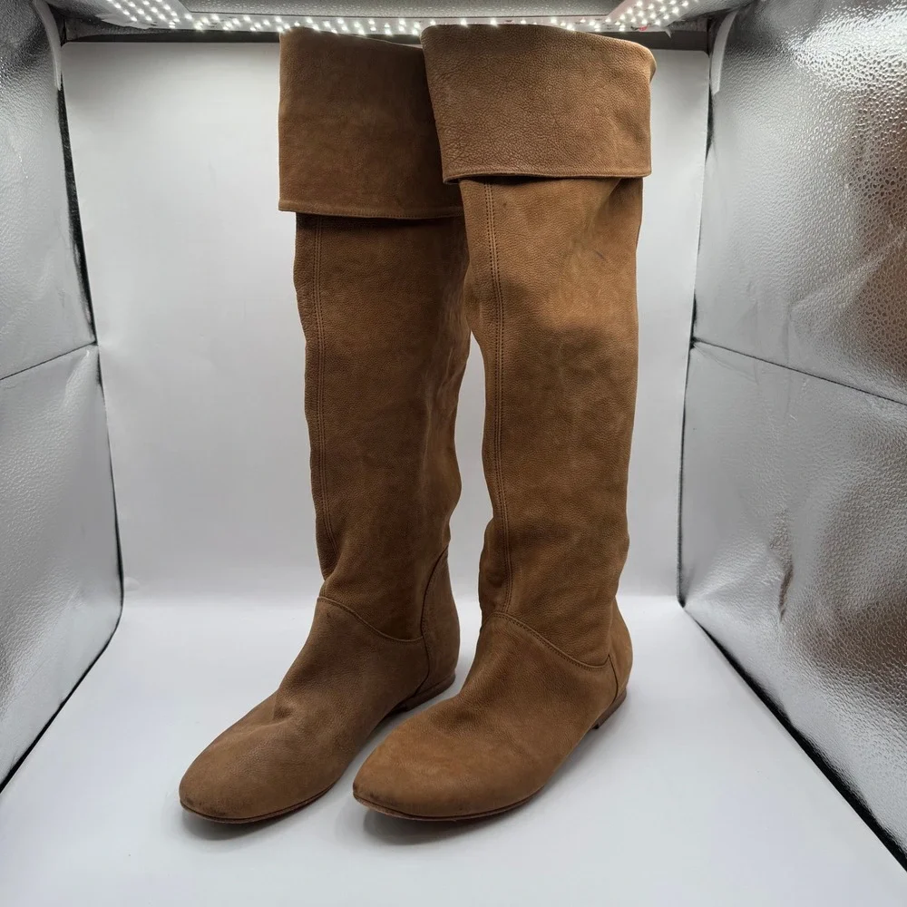Over The Knee Boots Womens 38 Tan Brown Leather Flat Fold Over Cuff Italy